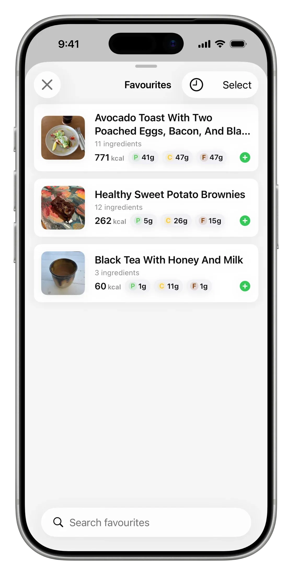 Nutrify Favourites with avocado toast, sweet potato brownies and black tea ready to log again.