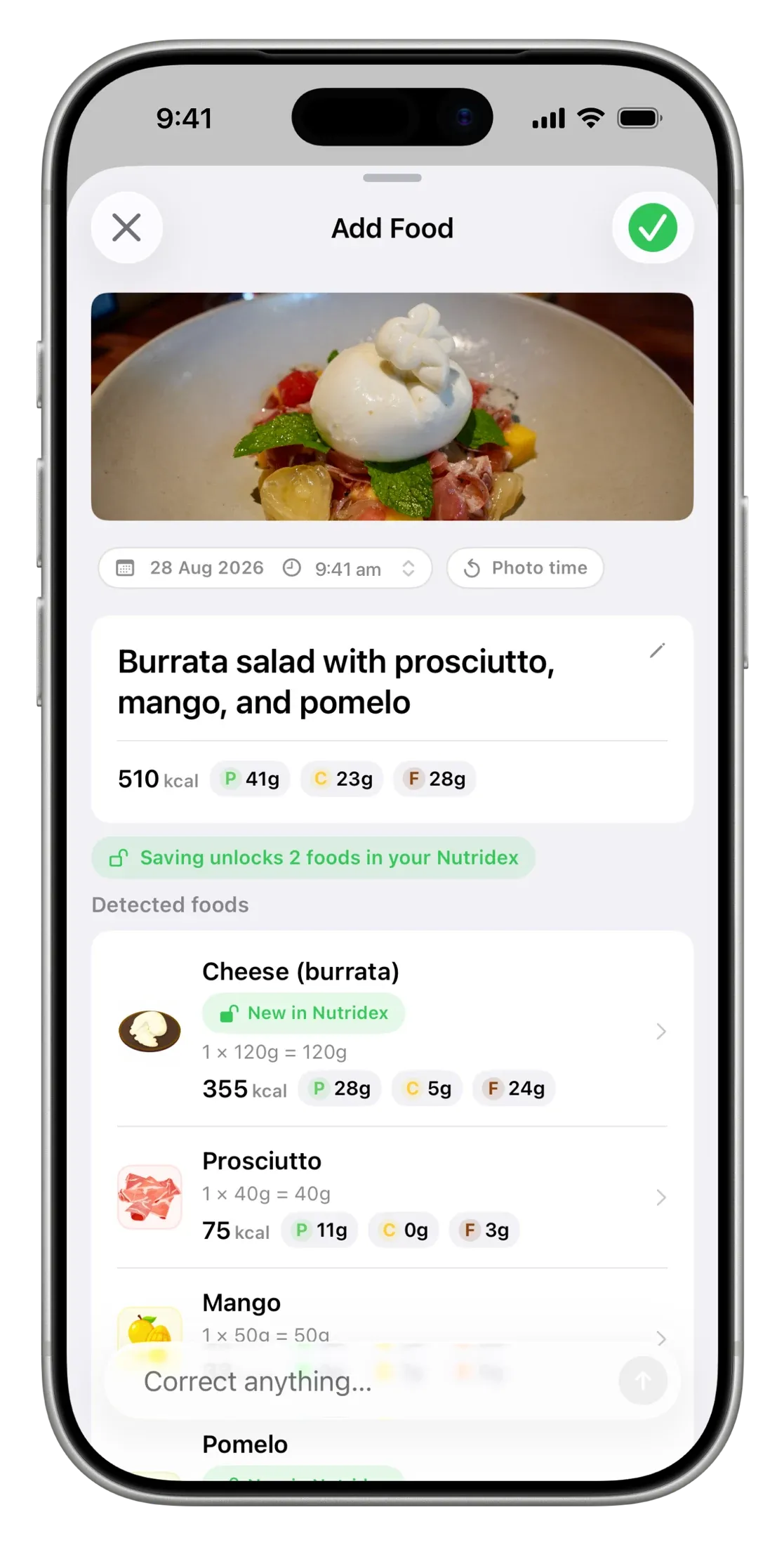 Nutrify identifies burrata, prosciutto, mango and pomelo from a meal photo