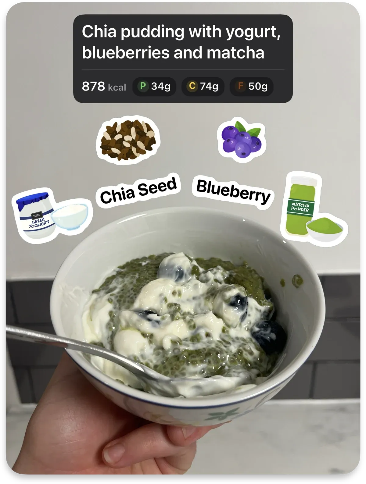 Chia pudding with yoghurt, blueberries and matcha, decorated with Nutrify food stickers.