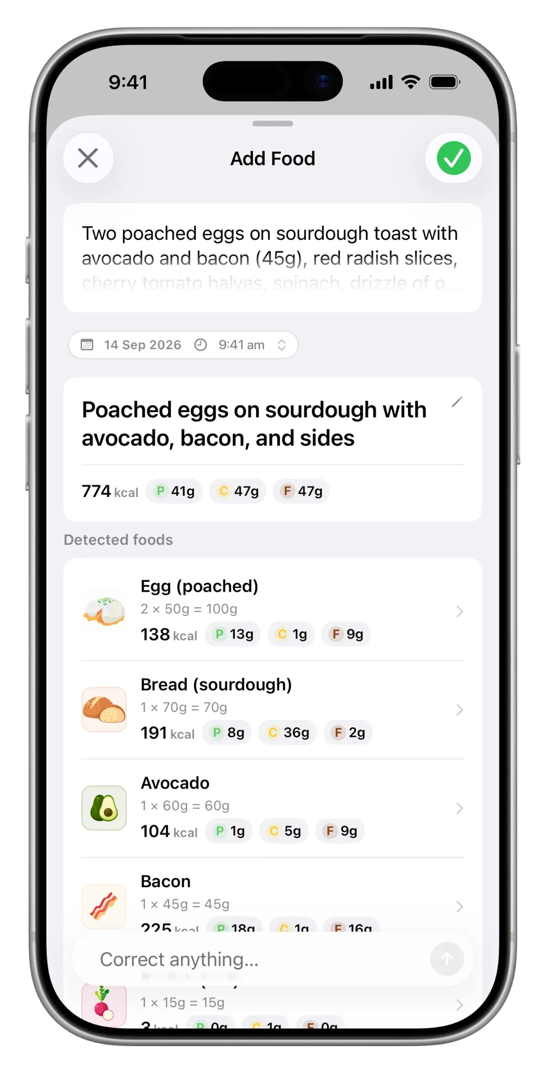 Nutrify turns the breakfast description into poached eggs, sourdough, avocado and bacon with nutrition amounts.