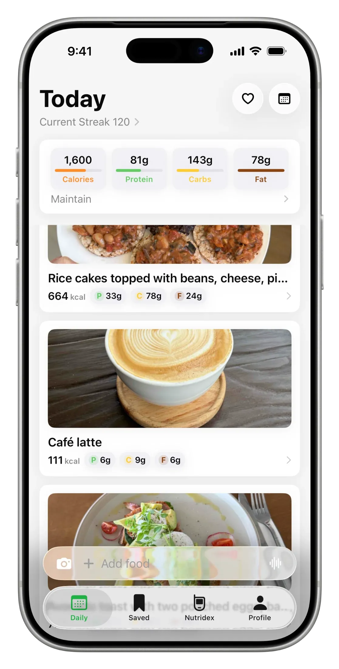Nutrify Today showing meal photos, daily calories, macronutrients and a whole food streak.