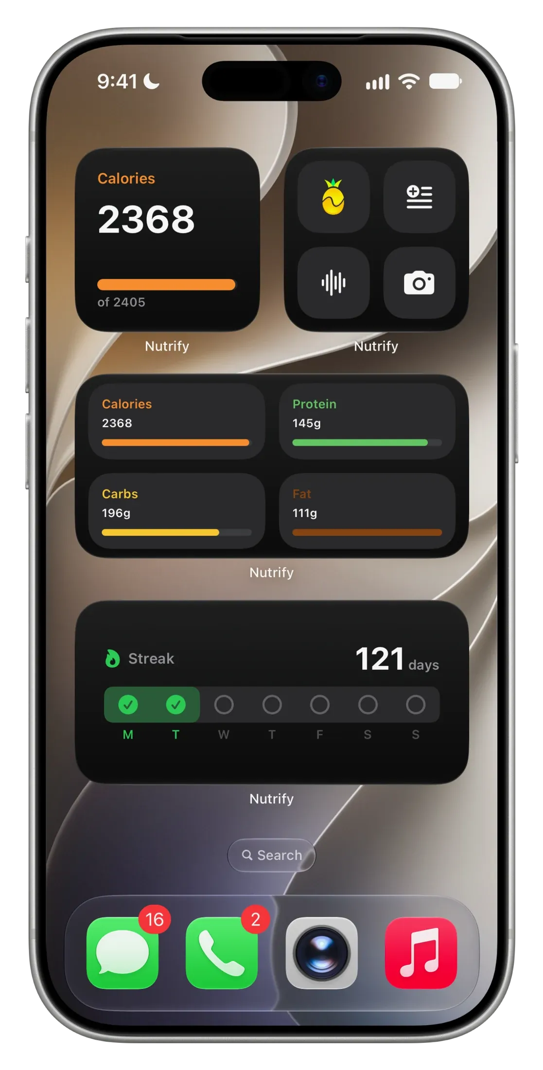 Nutrify home screen widgets showing calories, macronutrients, a whole food streak and shortcuts for logging food.