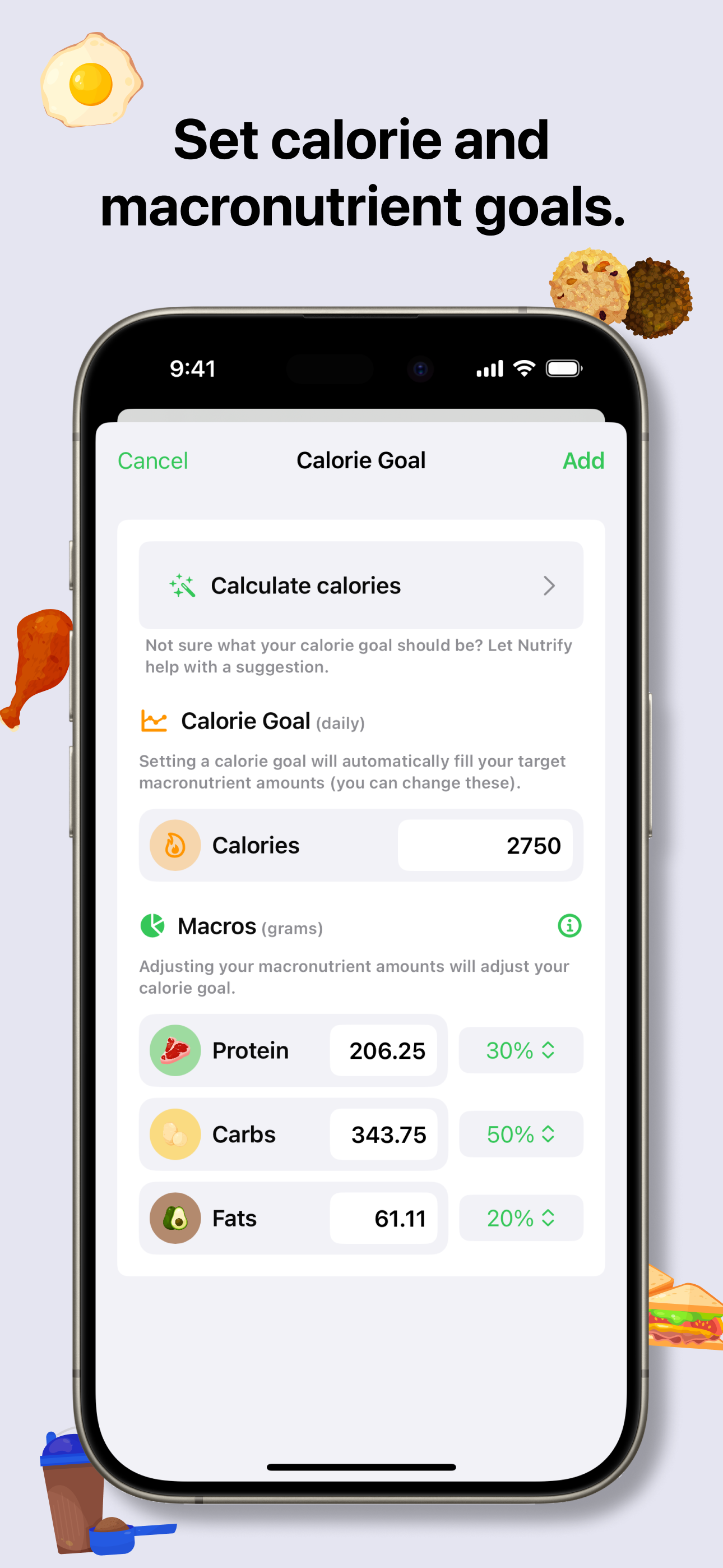 Nutrify app screenshot: A smartphone screen displaying the 'Calorie Goal' setting feature of a health app with the title 'Set calorie and macronutrient goals.' The options include 'Calculate calories,' a daily 'Calorie Goal' of 2750 kcal, and macronutrient goals for protein (206.25g, 30%), carbs (343.75g, 50%), and fats (61.11g, 20%). The background is light purple with various food icons.