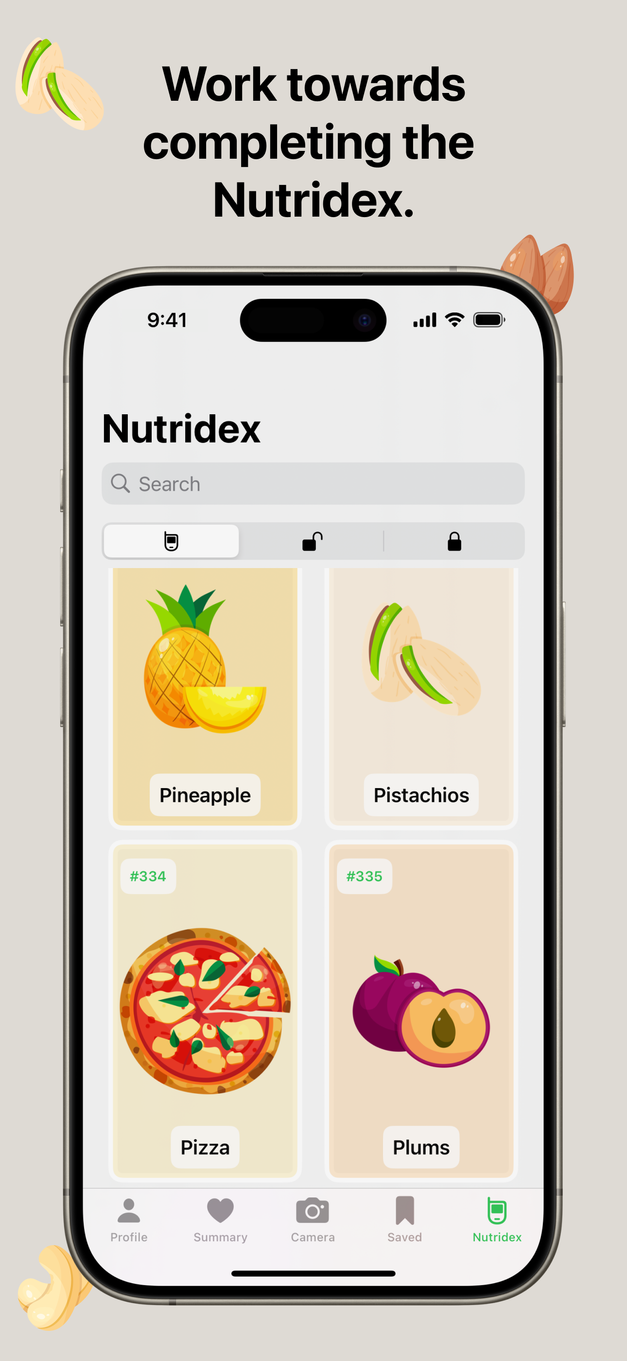 Nutrify app screenshot: A smartphone screen displaying the 'Nutridex' section with the title 'Work towards completing the Nutridex.' The screen shows various food items such as pineapple, pistachios, pizza (#334), and plums (#335). There is a search bar at the top. The background is light grey with various nut icons.