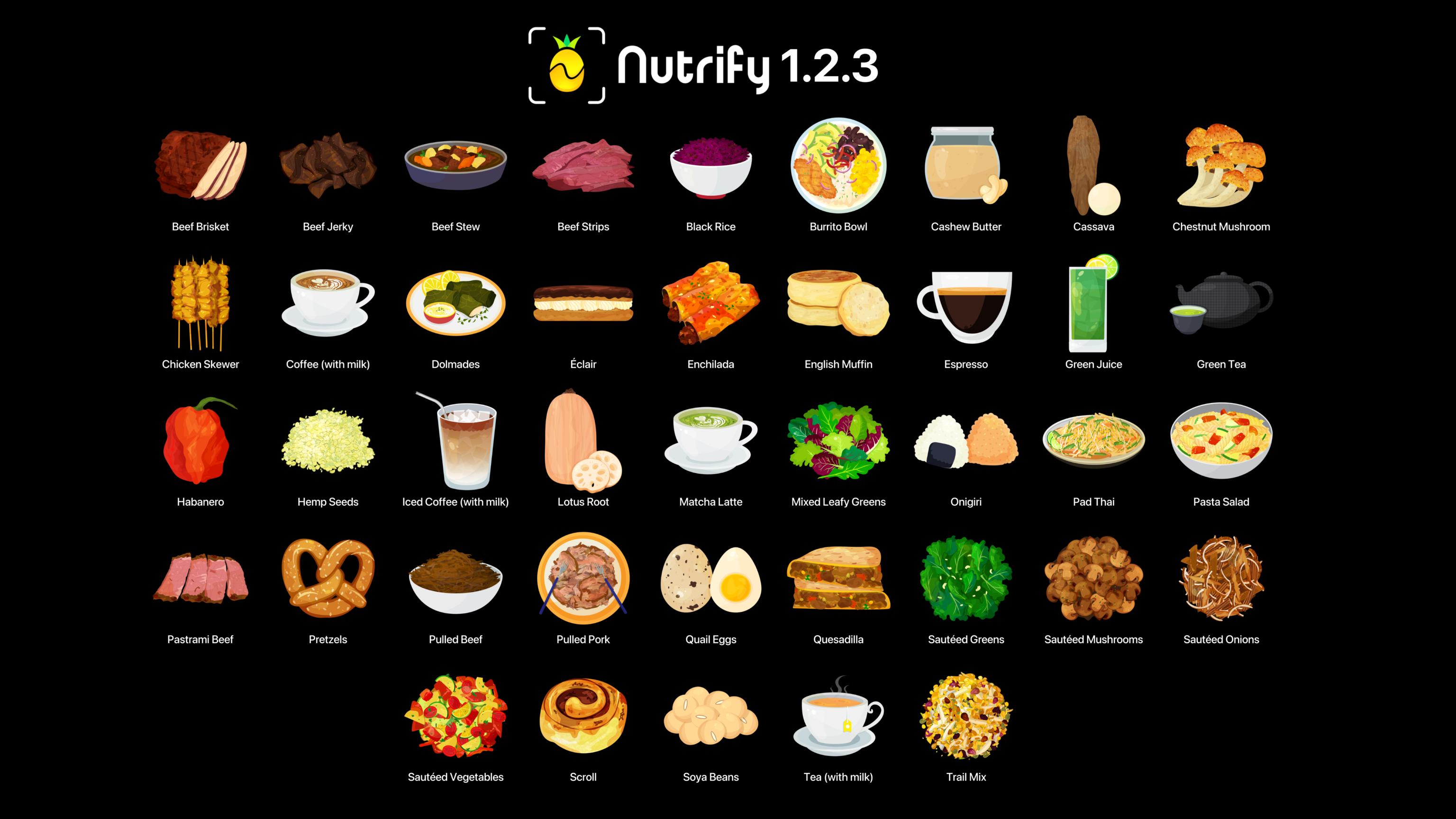 A black background with the title 'Nutrify 1.2.3' displaying various food icons labeled with their names. Items include beef brisket, coffee with milk, green juice, matcha latte, pad Thai, mixed leafy greens, and trail mix.