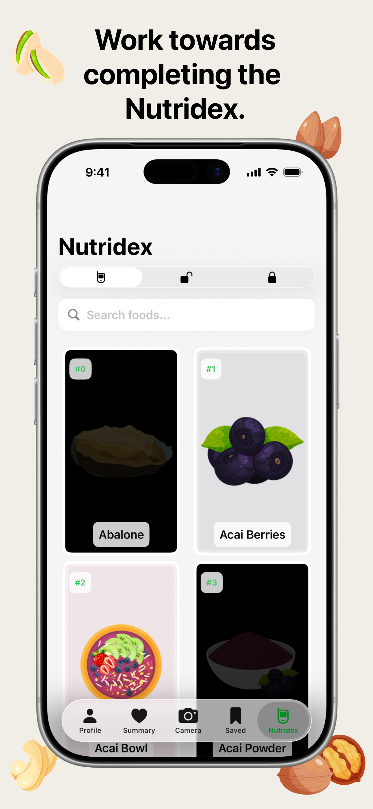 Nutrify app screenshot with the title 'Work towards completing the Nutridex.' The Nutridex collection screen shows food items numbered #0 through #3: Abalone, Acai Berries, Acai Bowl, and Acai Powder, each with custom icons. Unlocked items have black backgrounds while locked items are greyed out. The background is beige with almond and walnut icons.