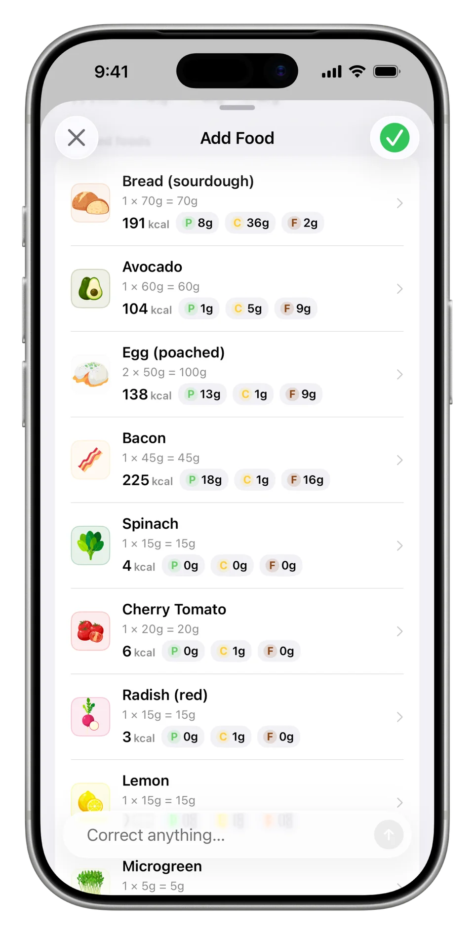 Updated food list showing two poached eggs and 45 grams of bacon.