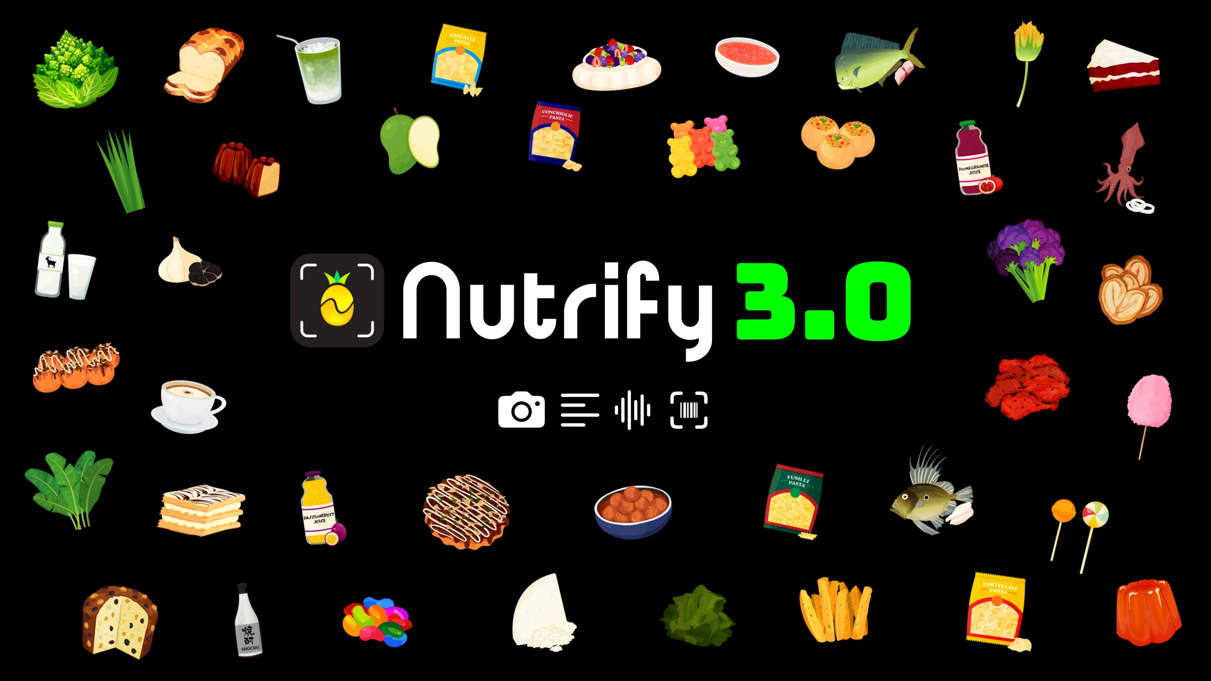 Nutrify 3.0 surrounded by colourful food illustrations, with icons for photo, text, voice and barcode logging.