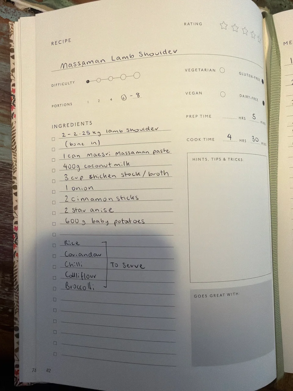 A handwritten Massaman lamb shoulder recipe listing ingredients, quantities and serving suggestions.