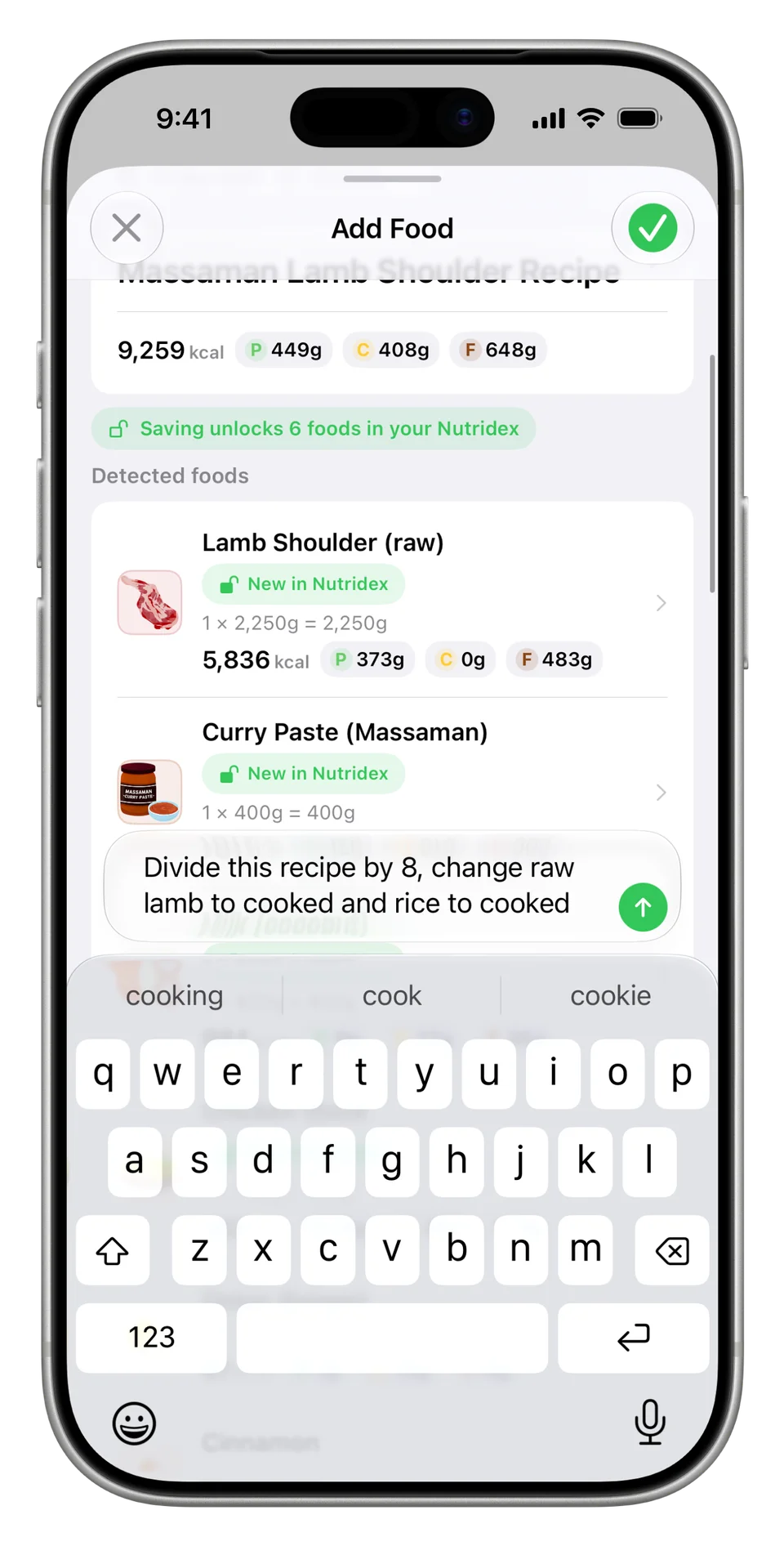 A correction reads: Divide this recipe by 8, change raw lamb to cooked and rice to cooked.
