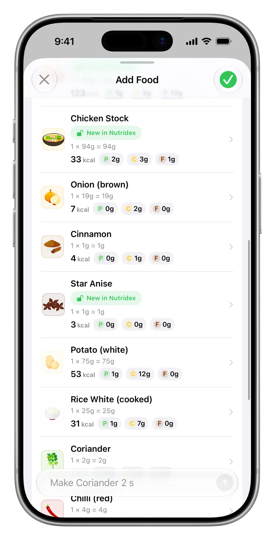 The remaining ingredients include stock, onion, cinnamon, star anise, potato, cooked rice and coriander, with the save tick at the top.