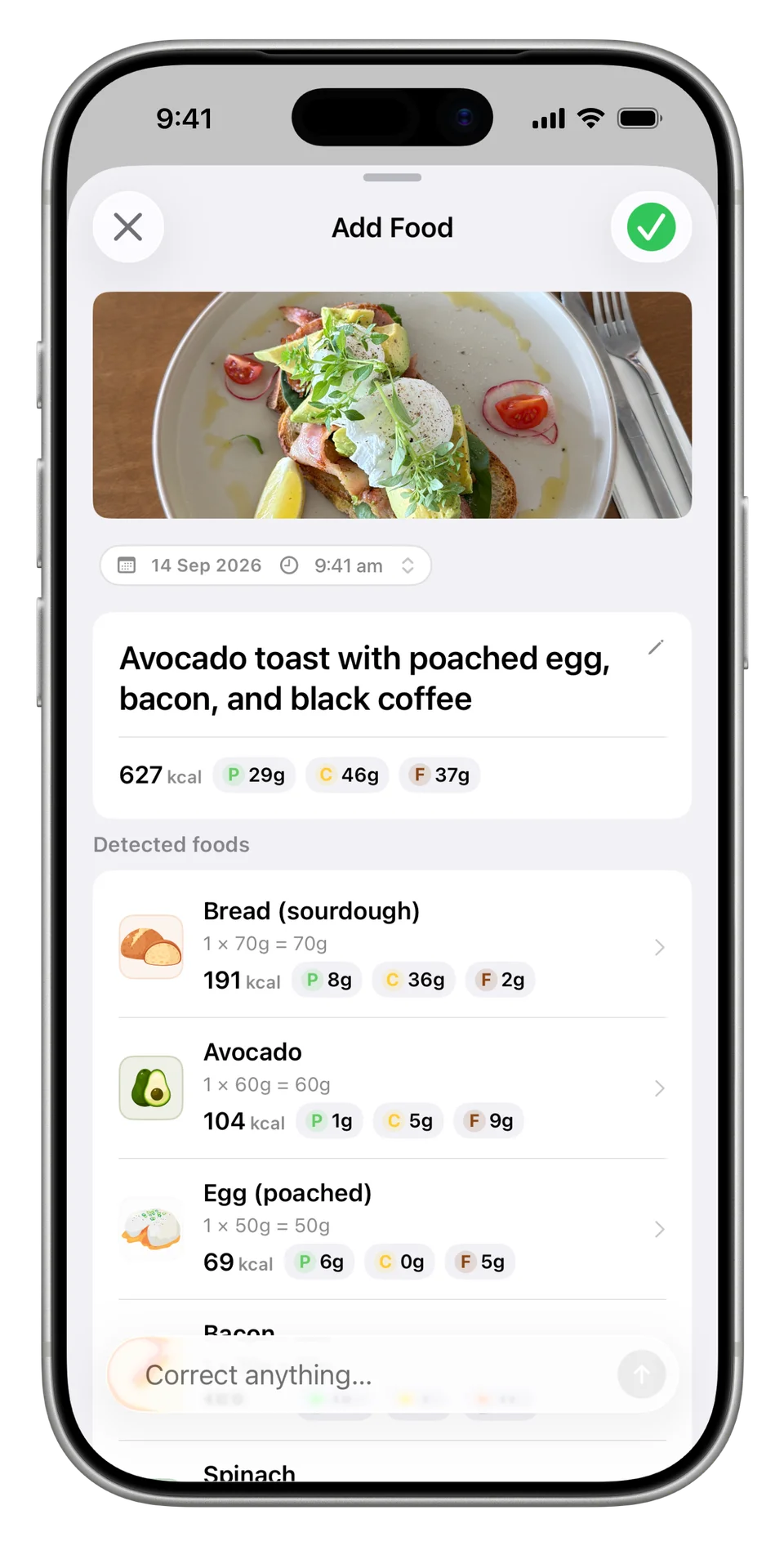 Nutrify identifies avocado toast, poached egg, bacon and black coffee from a meal photo.