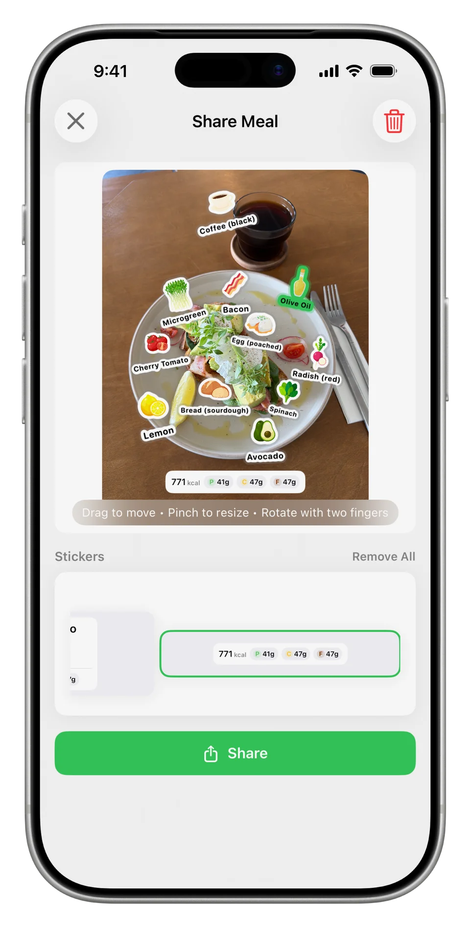 A breakfast photo with food icon stickers and a nutrition overlay in Nutrify.