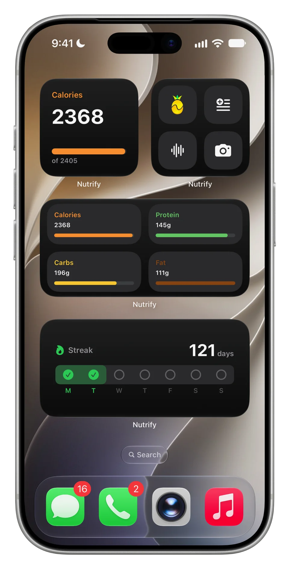 Nutrify home screen widgets showing nutrition intake, logging shortcuts and a daily streak.